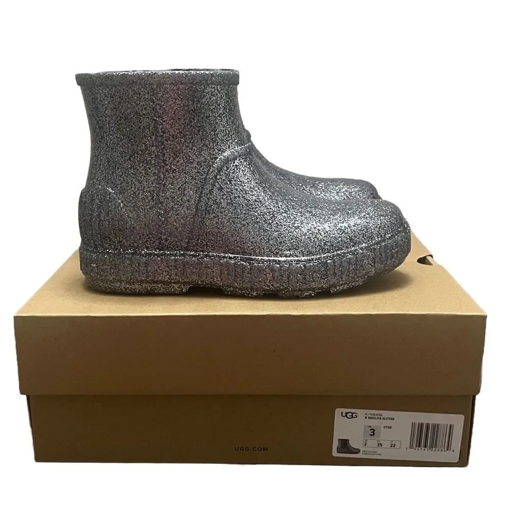 UGG Drizlita Glitter Ankle Rainboots Kids Sz 3 Gray PVC Upcycled Wool Waterproof